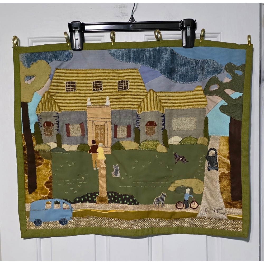Vintage Handmade Fabric Collage Wall Hanging Mixed Media Textile Folk Art